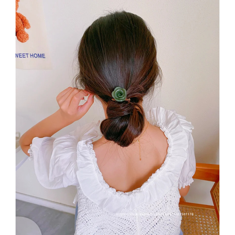 Anneau de cheveux de fleur de rose française, Corée du Sud, Corde de tête de queue de cheval haute attachée, Boule de tête de bourgeon de fleur, Corde de cheveux de tendon de feuille