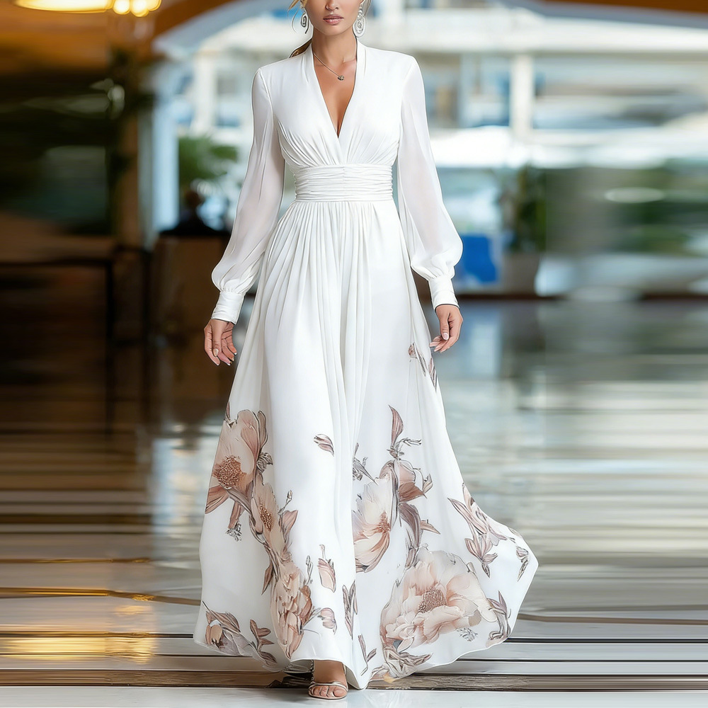 Robe longue décontractée en mousseline à manches lanternes pour femme, imprimé floral élégant, col en V sexy, taille haute, coupe évasée, collection Printemps-Été