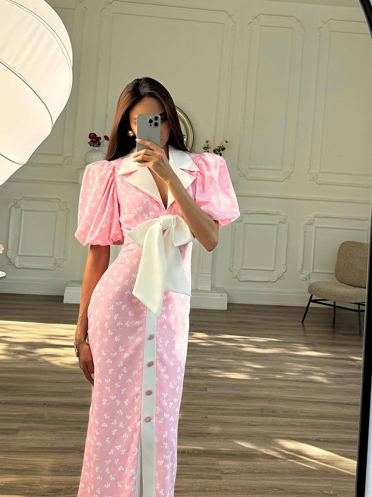 Nouvelle Robe Longue Imprimée Décontractée pour Femme, Chic, Col en V, Manches Courtes Bouffantes, Taille Cintrée, Robe d'Été 2026 pour les Vacances