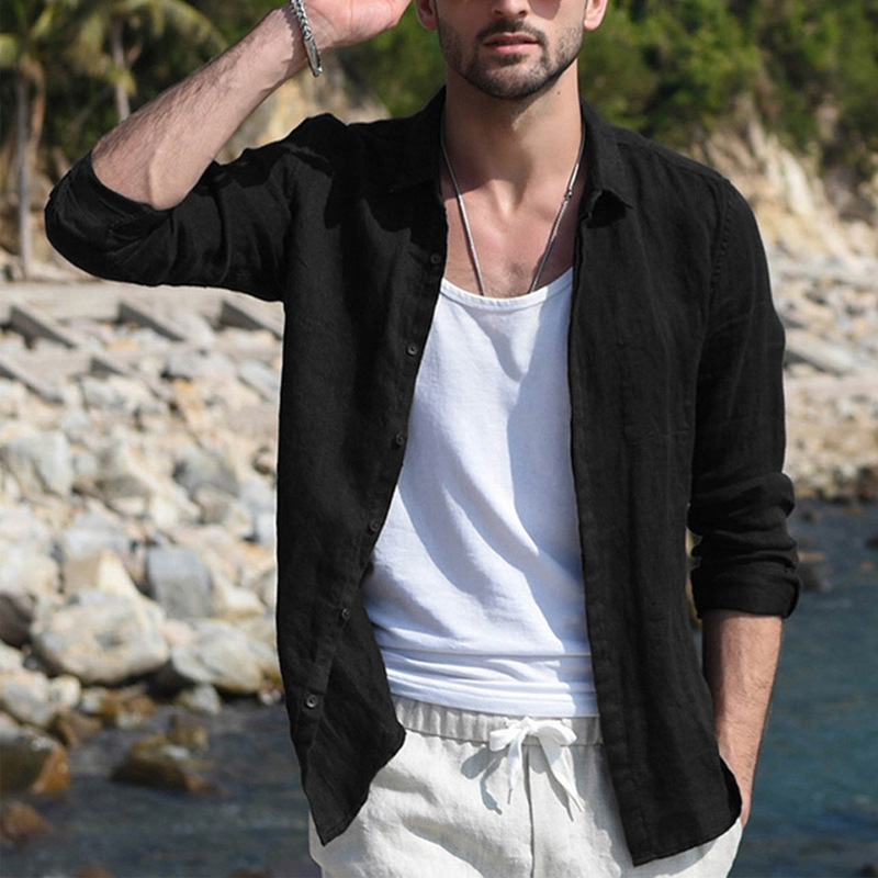 Chemise unie pour homme - En lin - Avec col montant aux poignets - Chemise de plage légère