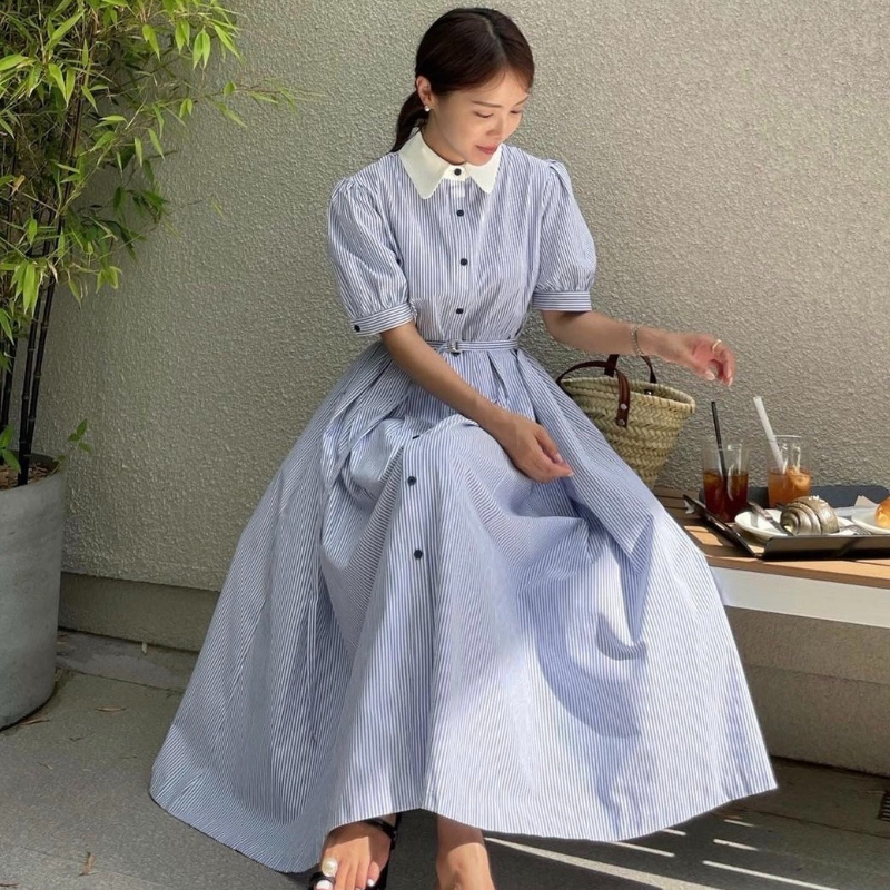 Robe pour femme de style coréen, manches courtes, couleur unie, col rabattu, robe rayée pour femme, style preppy, robes pour femmes