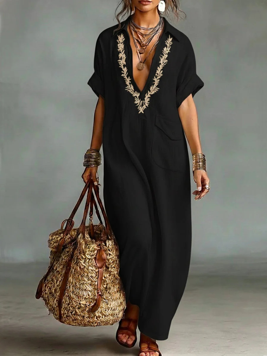 Robe longue en lin mélangé pour femmes, col en V brodé, manches courtes, coupe ample, robe à poches, style décontracté bohème, vacances d'été à la plage, kaftan