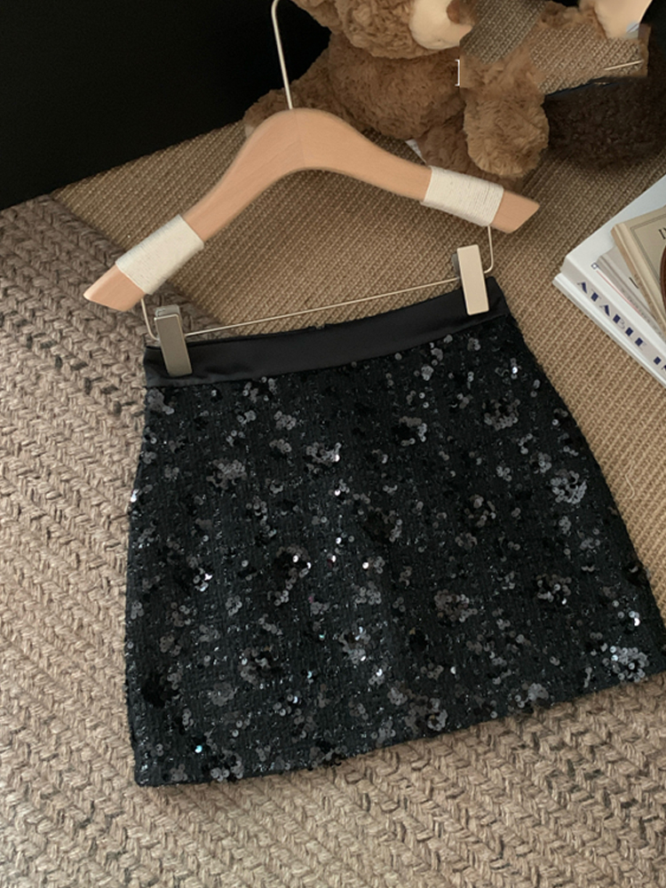 Jupe midi à paillettes pour femmes au printemps, jupe trapèze taille haute, design haut de gamme, niche, tempérament, jupe courte moulante aux hanches