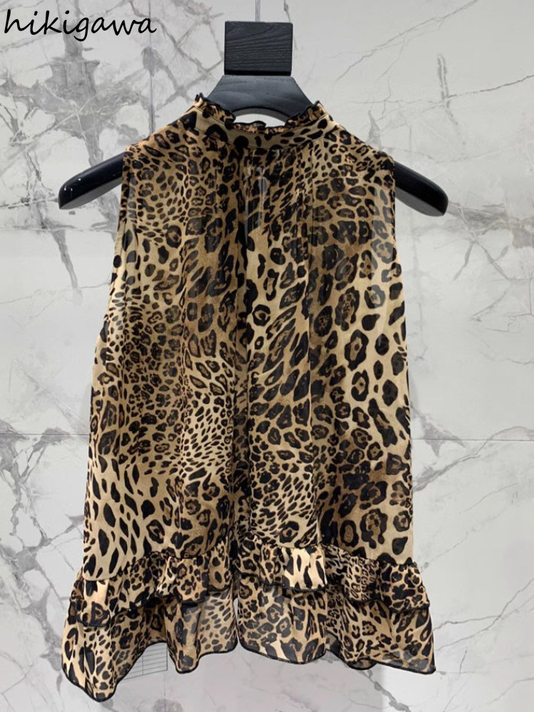 Chemisier imprimé léopard pour femmes en mousseline De soie sans manches chemises amples 2025 Blusas Mujer De Moda tempérament hauts Chic Blouses d'été