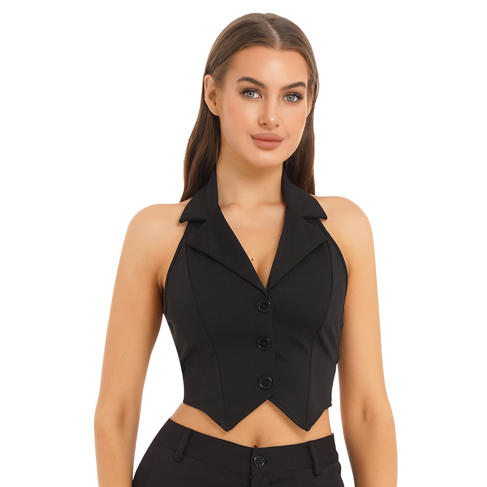 Femmes mode gilet chemises gilet séparé culture hauts revers licou dos nu boutonné ourlet pointu gilet pour fête vêtements de cérémonie
