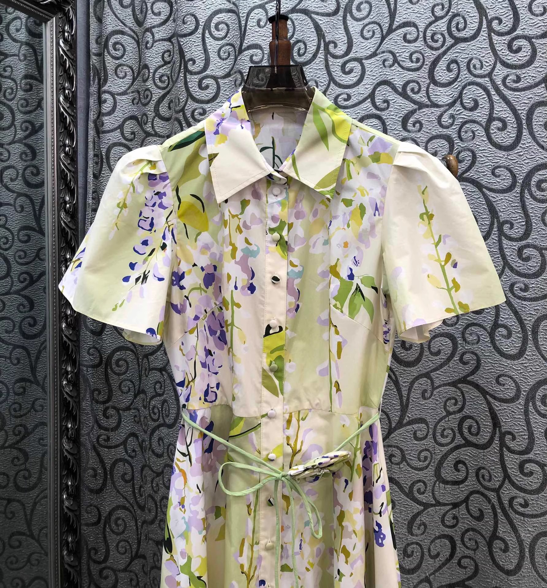 100% coton robe longue 2026 printemps été femmes col rabattu doux imprimé fleuri ceinture déco à manches courtes longue robe Maxi de luxe