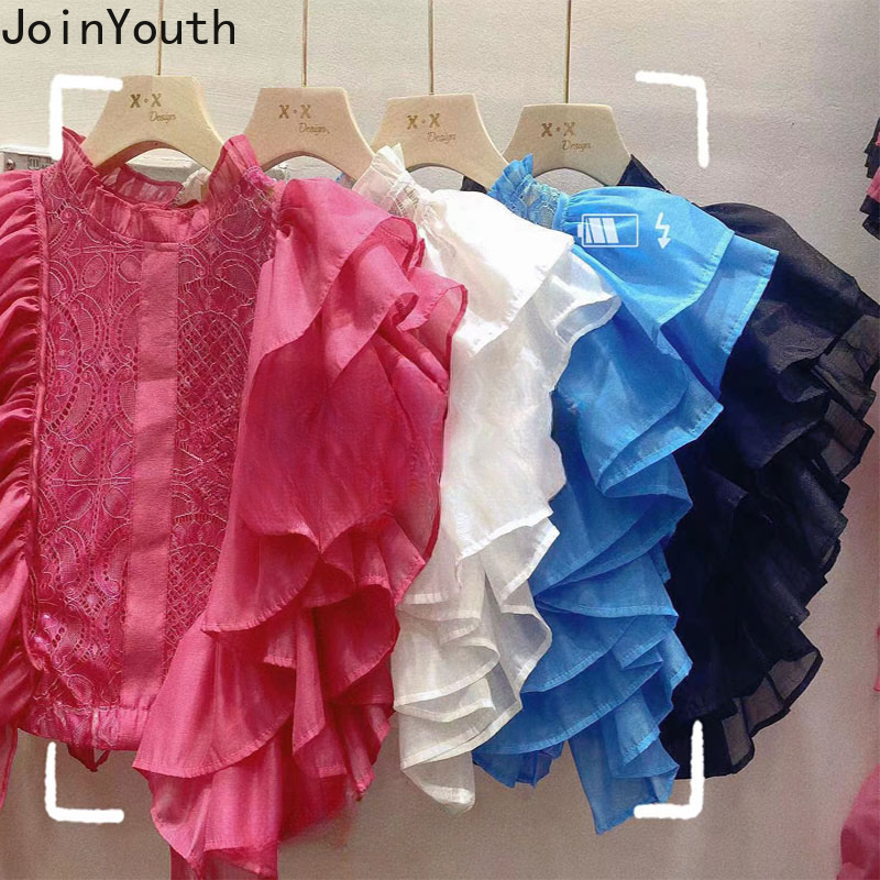 2025 Blusas Mujer De Moda été Blouse femmes col montant manches volantes dentelle chemises haut court évider volants Blouses Sexy