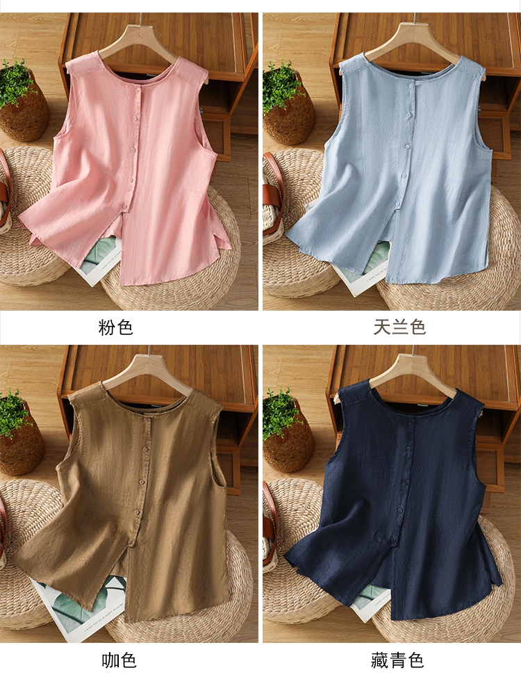 Gilet d'été en coton et lin pour femmes, deux côtés, veste boutonnée sans manches, couverture, rose, bleu, bleu marine, débardeur, Cardigan