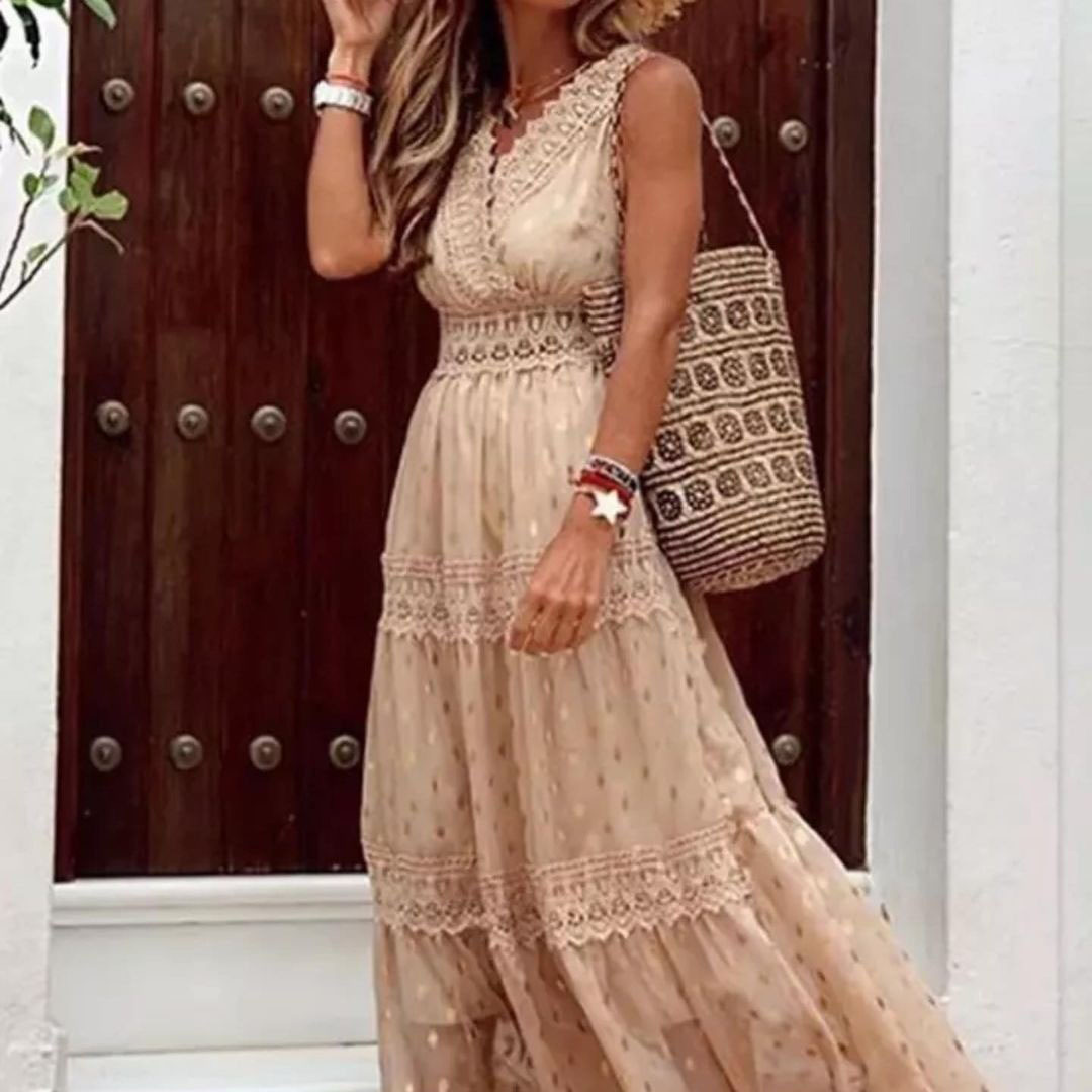 Robe en mousseline de soie, col en v, sans manches, Patchwork, mi-longue, couleur unie, Simple et à la mode, été, 2025