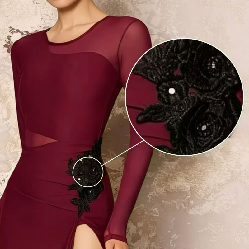 Robe de danse latine mi-longue pour femmes, jupe longue en maille, ourlet fendu, vêtements de danse avec des Appliques, Costume de spectacle Cha Cha Samba