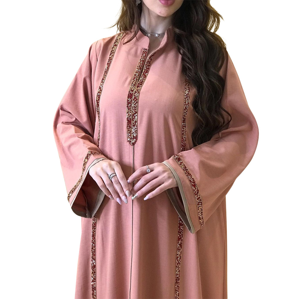 Robe Abaya Marocaine pour Femme, Maxi Robe à Col Montant et Manches Longues, Coupe Ample, avec Bordure Diamantée, Automne 2026, Style Oman, Turquie, Dubaï, Robe Musulmane