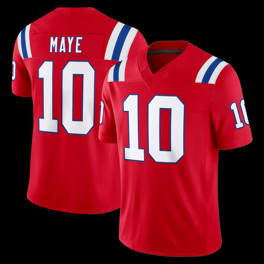 Maillot de football Patriots Maye n°10 à impression double face, uniforme de jeu à manches courtes et col en V pour hommes, maille respirante à motif œil d'oiseau, soutien pour les supporters.
