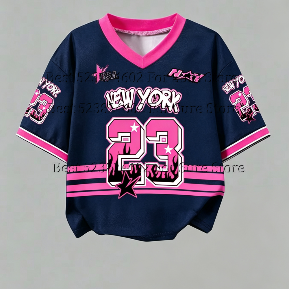 T-shirt court vintage rose et noir contrastant pour femme, motif New York 23, col en V, style Y2K Hip Hop Street, décontracté, été