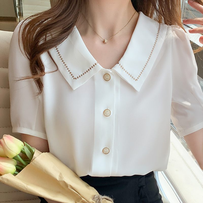 Chemisier en mousseline de soie à manches courtes pour femmes, chemise à col rabattu, chemisiers blancs d'été, E778, 2024