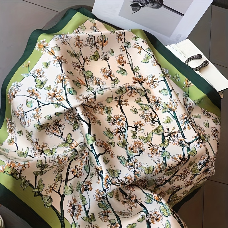Foulard carré de luxe imprimé plante verte papillon, Style élégant, foulard fin et soyeux, foulard de protection solaire pour l'extérieur, printemps et été