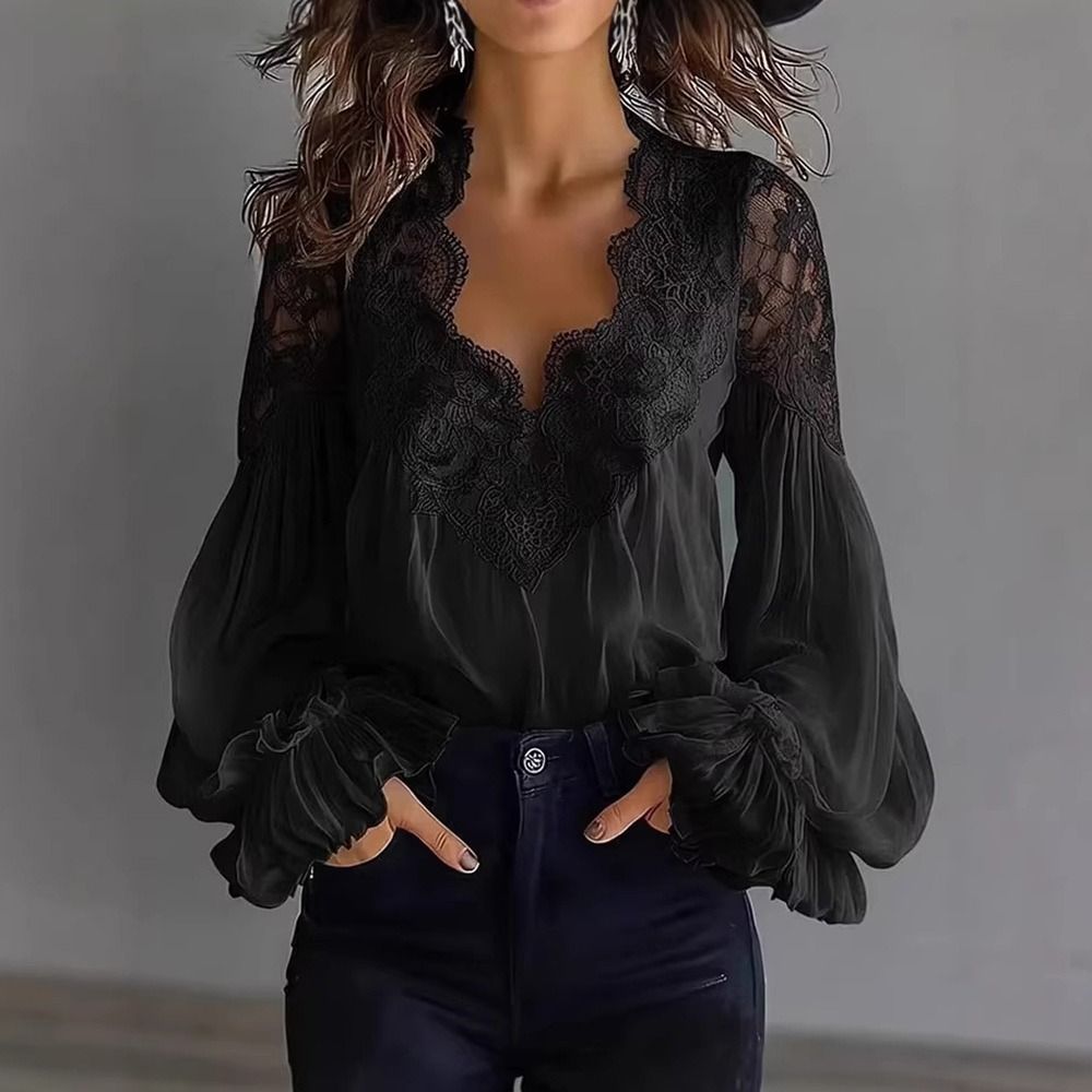Chemise d'été pour femmes, couleur unie, manches longues, dentelle, chemise élégante décontractée à col en V