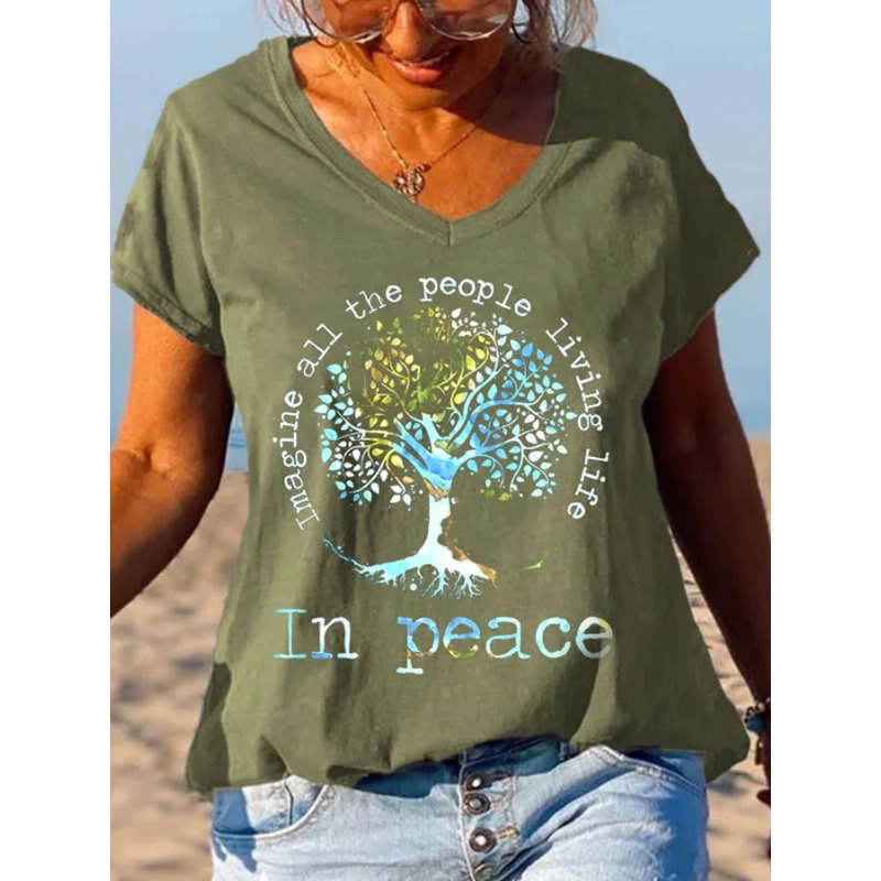 T-shirts à manches courtes pour femmes, décontractés, col en V, style hippie, hauts d'été, t-shirts imprimés pour la plage