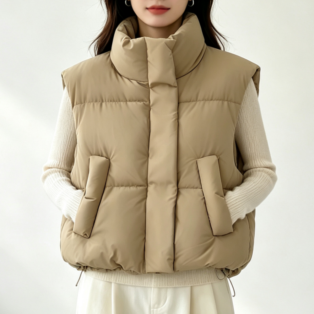 Gilet chauffant de mode coréenne pour femmes, automne-hiver, col montant, avec poches, veste chaude et élégante, veste courte sans manches, style doudoune.