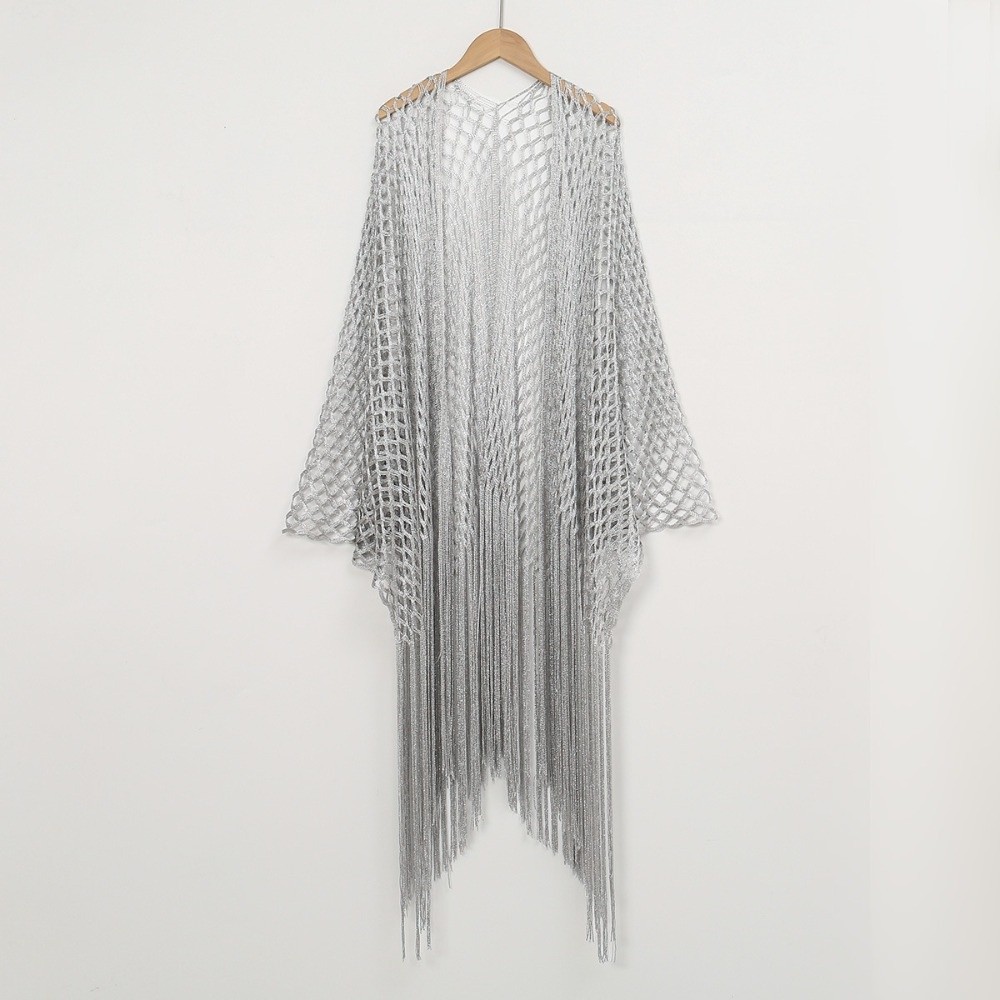 Châle en tulle pour femme, style mode, à franges et patchwork, ajouré et brillant, écharpe d'été, cardigan à col en V, cape de soirée et de bal, cosplay