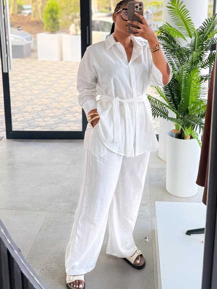 Vêtements pour femmes printemps-été, ensembles deux pièces, chemise blanche à manches longues amincissante et pantalon décontracté