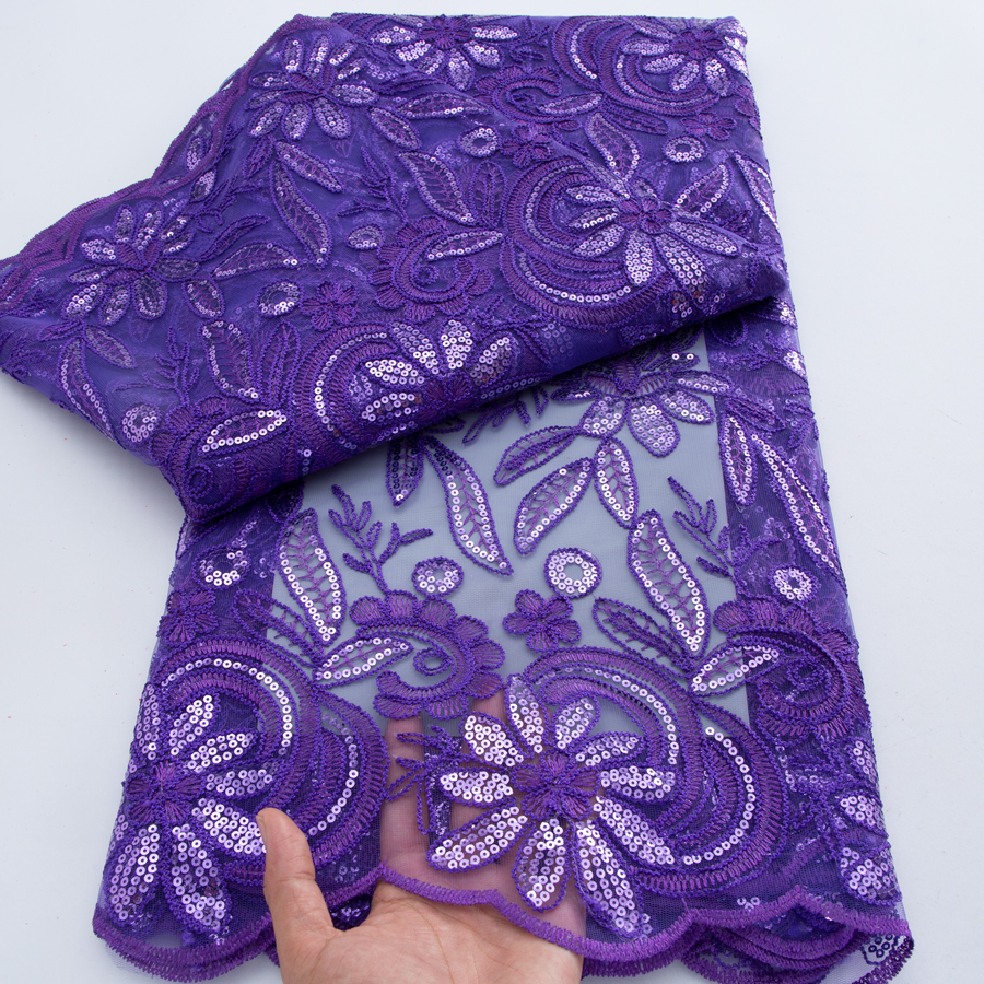 Tissu de dentelle en tulle africain nigérian de luxe avec sequins, tissu de dentelle brodé français en maille de haute qualité, 5 yards pour la confection de vêtements féminins