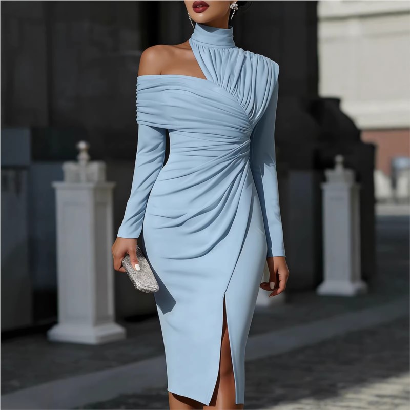 Robe Midi Élégante pour Femme, Couleur Unie, Taille Haute, Design Sexy Épaules Dénudées, Idéale pour Soirées et Bals de Promo