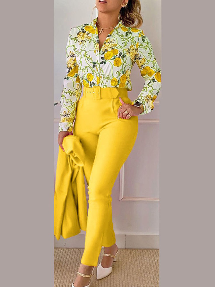 Costume chemise imprimé à manches longues pour femmes, Slim, taille haute, à lacets, élégant, pantalon crayon de bureau, ensemble deux pièces, printemps été