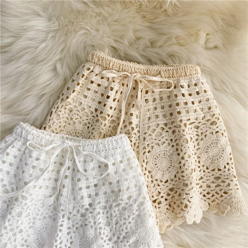 Boho-Short de vacances au crochet pour femme, taille haute, amissié, à lacets, court, été, livraison directe