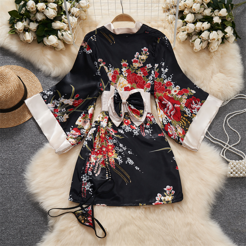 Kimono japonais col en v imprimé fleur nœud taille façonnant Cardigan robe femmes vêtements ample à manches longues Vintage tendance à lacets