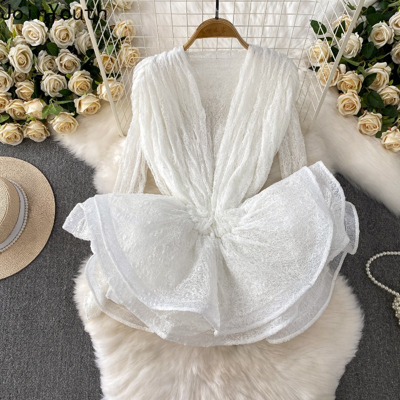 Ensemble de vêtements 2 pièces en dentelle pour femmes, chemises Sexy à manches longues, taille fine, à volants, sans manches, costume, tenues à la mode, vêtements coréens