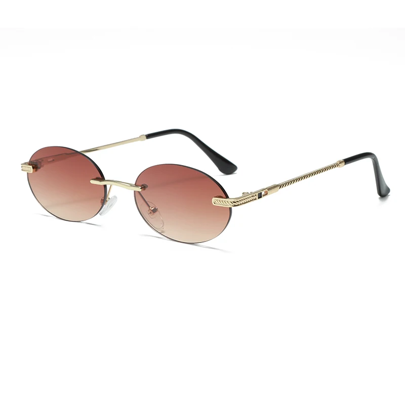 Lunettes de soleil ovales à la mode, petites nuances sans bords, marque de luxe de styliste pour femmes et hommes, lunettes de soleil en métal bleu, haute qualité, UV400