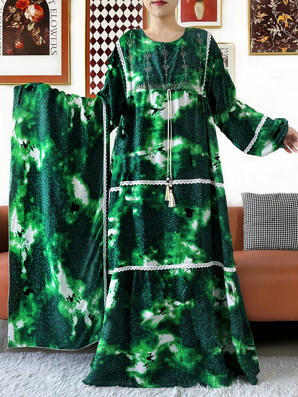 Nouvelle Robe Kashkha Dubaï en Coton Fleuri, Abaya Dubaï à Manches Longues, Ample, Style Bohème, Maxi, Décontractée, Tendance, Vêtement Africain ED402