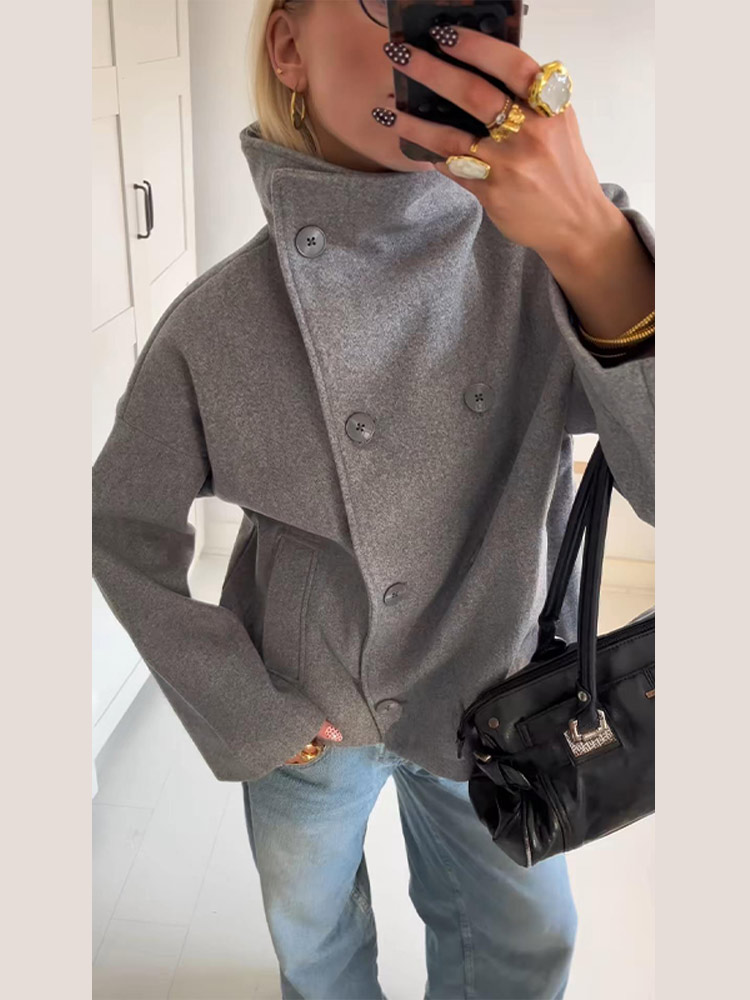 Manteau élégant pour femmes, col montant haut, manches longues, Double boutonnage, couleur unie, mode automne 2025, haut pour dame de rue