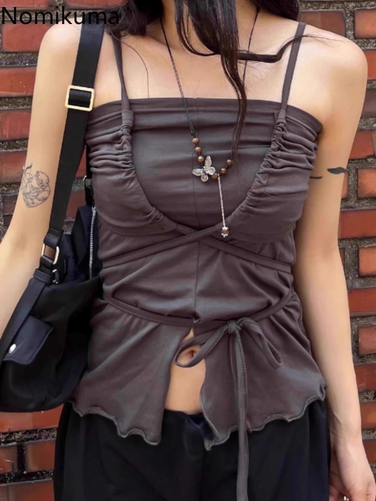 Vêtements pour femmes, débardeurs Sexy Y2k, hauts à bandes, plis, tunique sans manches, t-shirts fendus, Camis coréen, 2025 Ropa Mujer, gilet court Harajuku