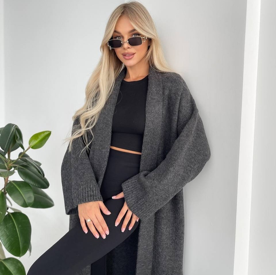 Cardigan en laine pour femmes, veste ample, tempérament rétro, élégant, couleur unie, sans col, tricoté, manches longues