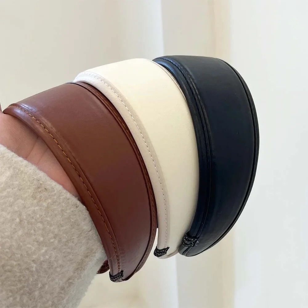 Serre-têtes rétro en cuir PU couleur unie style coréen, turbans larges élégants antidérapants pour femmes, accessoires capillaires pour femmes