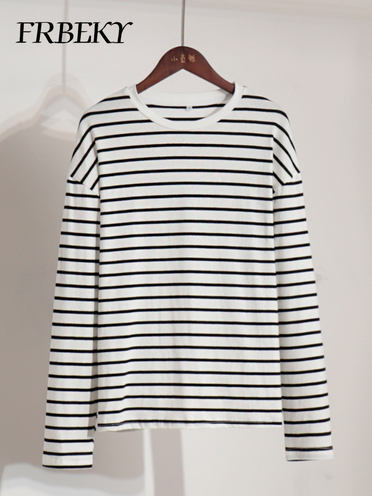 T-shirt Rayé à Manches sulfpour Femme, Chemisier Décontracté, Col Rond, en Coton, Harajuku, Nouvelle Collection Automne 2024