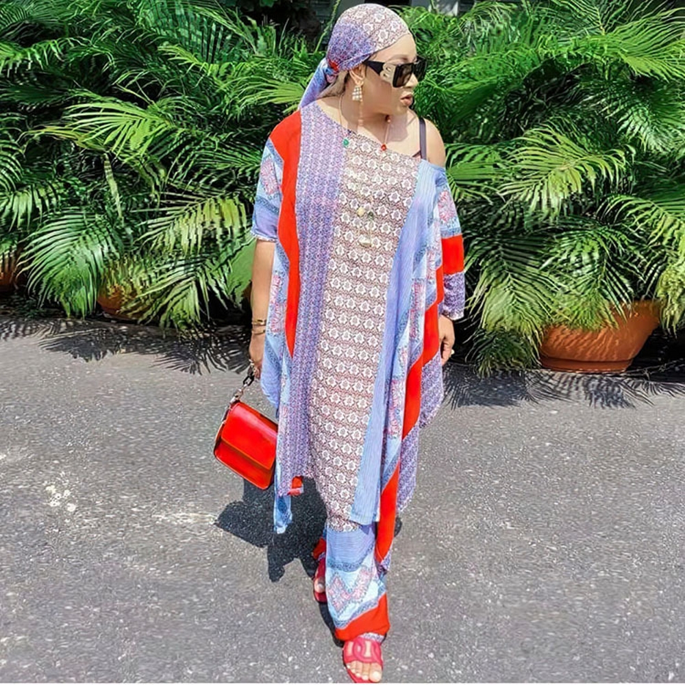 Ensemble africain 3 pièces en mousseline de soie pour femme, robe et pantalon, boubou, grande taille, imprimé dashiki traditionnel