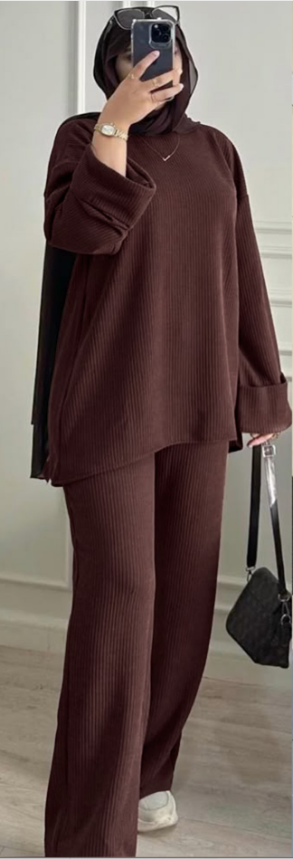 Ensemble tunique et pantalon marron ample à rayures verticales en maille pour femme, style modeste, mode musulmane