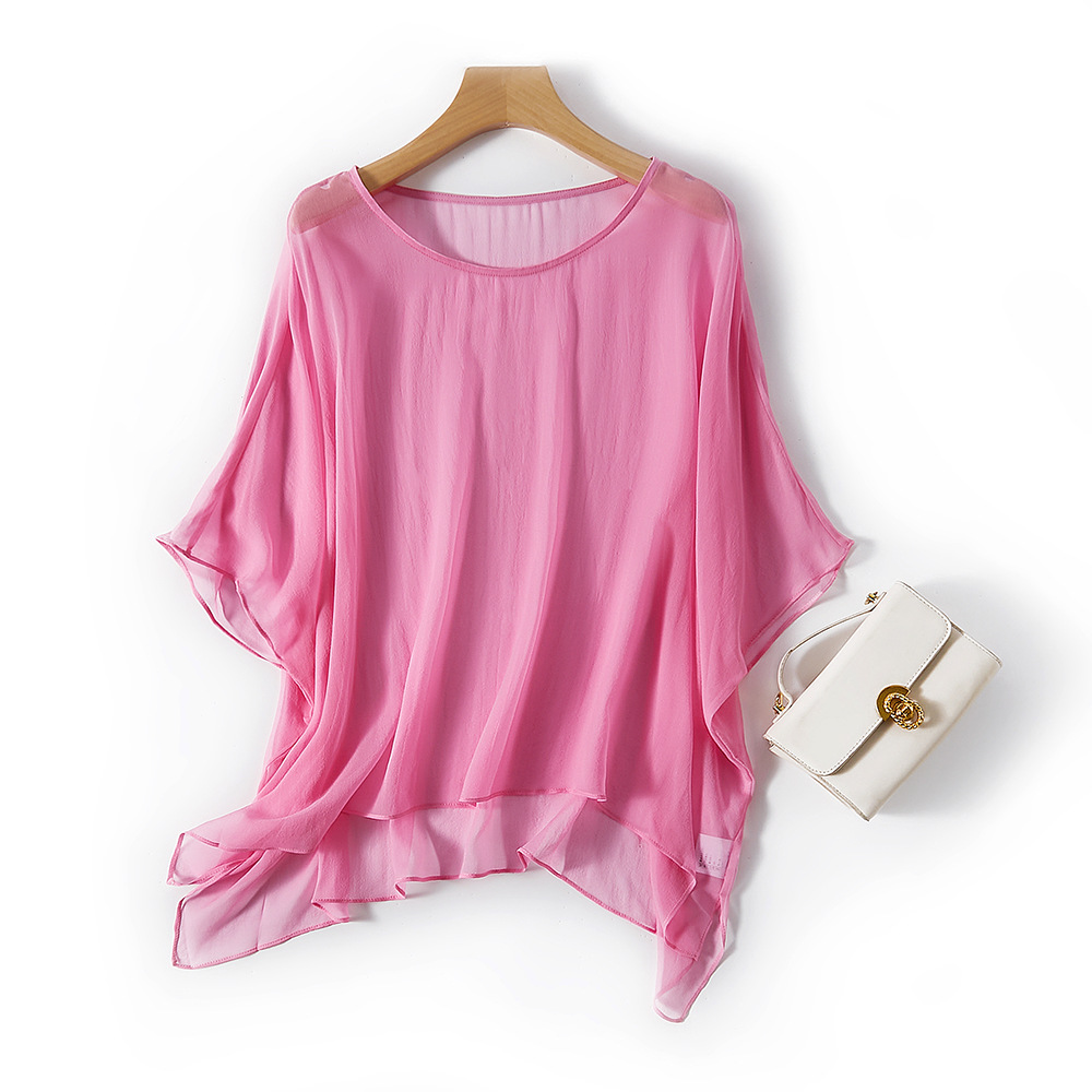 Winsleter, t-shirt 100% soie véritable, demi-manches en soie Georgie véritable pour femmes, Cape résistante au soleil, hauts d'été, livraison directe T36425JM
