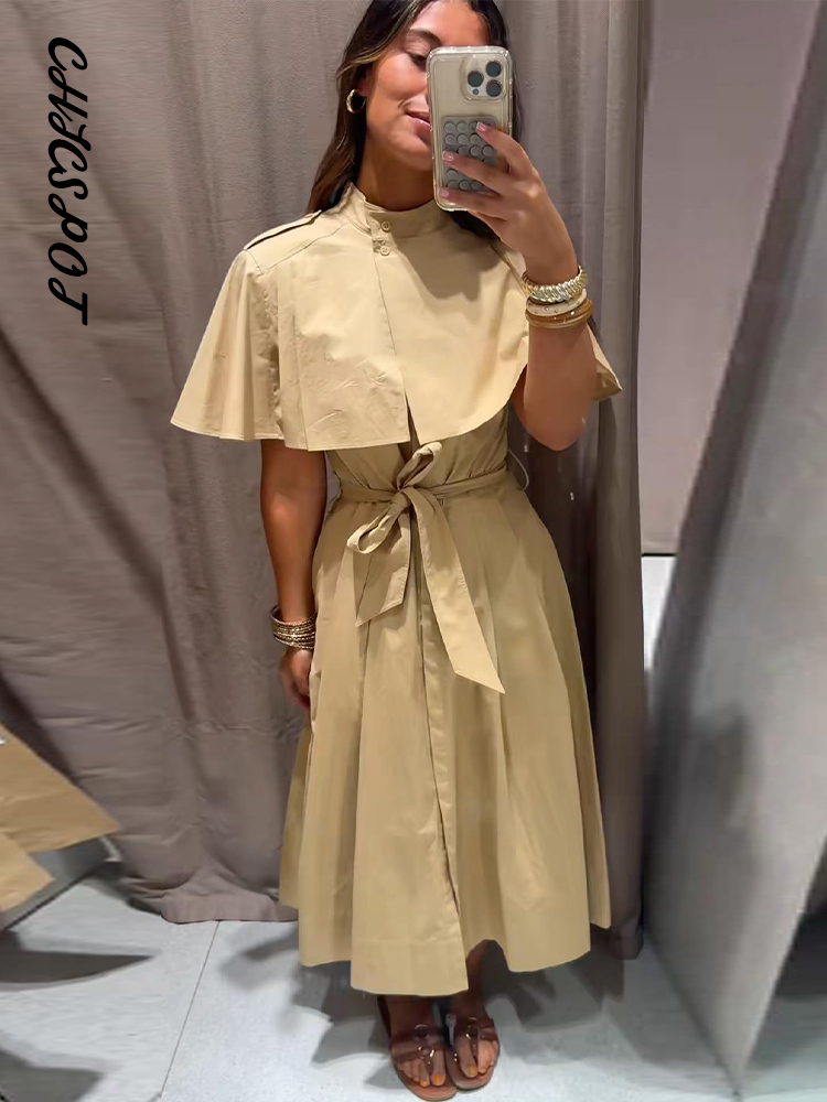 Robe chemise plissée à manches longues, à col cape, à lacets, à épaulettes, à taille cintrée, élégante et chic pour femmes, idéale pour les soirées.