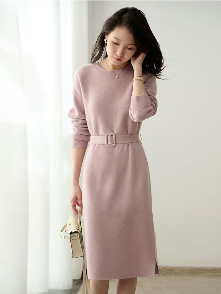 Robe tricotée mi-longue pour femmes, col rond, manches longues, tenue de soirée élégante, rose, gris, ligne a, pull, automne hiver 2023