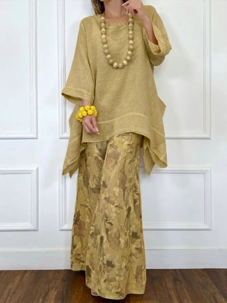 Ensemble 2 pièces pour femmes, haut en coton et lin à ourlet irrégulier, pantalon large, style décontracté rétro élégant, pantalon simple pour l'été