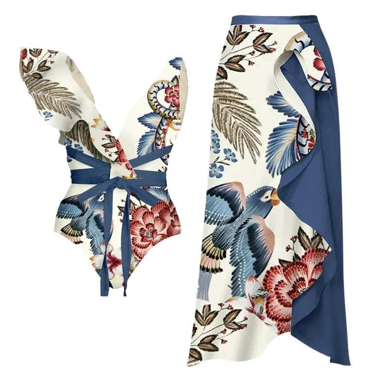 Bikini femme imprimé à volants maillot de bain une épaule Slash boutonnage Bikini deux pièces taille haute ventre Tuck maillots de bain nouveau