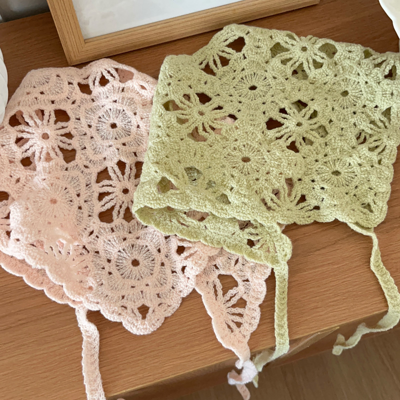 Foulard tricoté tendance pour femme, style pastoral français, bandeau triangulaire, bandeau au crochet fait main, foulard rétro à fleurs