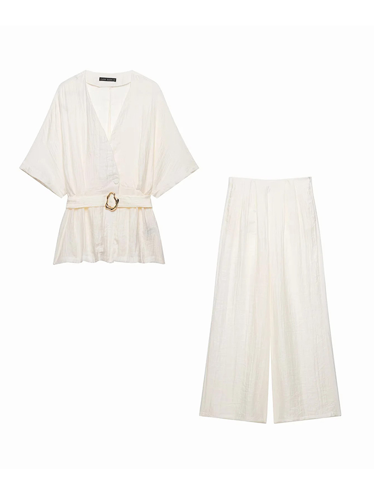 Ensemble élégant vintage pour femme : Gilet, hauts à ceinture et pantalon large plissé élastique – Tenue décontractée
