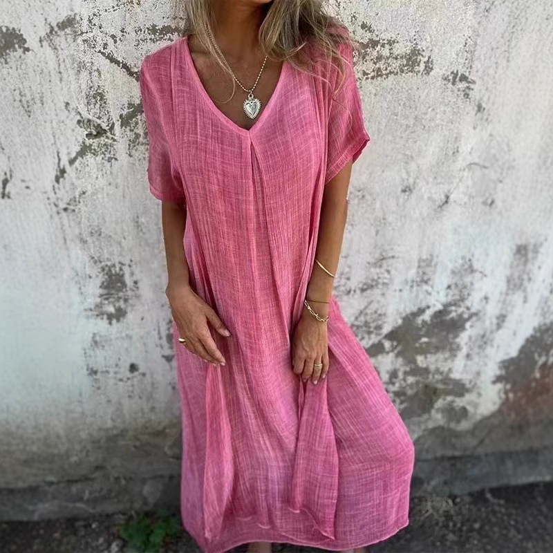 Robes pour femmes 2026 Nouvelle collection été-printemps-automne en coton et lin, col en V, couleur unie, longue robe, vêtements pour femmes, vestidos