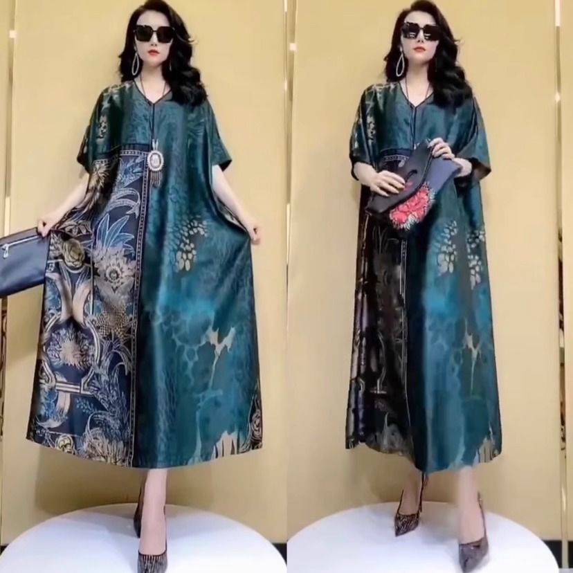 Robe d'été en soie de mûrier grande taille haut de gamme, élégante, col en V, style rétro, vert, pour femme