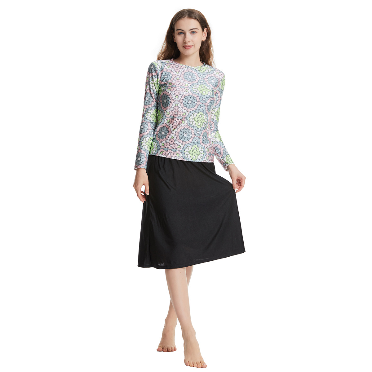 Burkini à Manches sulfpour Femme Musulmane, Maillot de Bain Modeste, Hijab + Jupe Y +, 3 Pièces, Protection Solaire