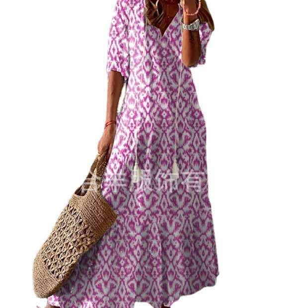 Robe longue à manches mi-longues pour femmes, ample, imprimé bohème, col en v, vêtements, nouvelle collection printemps été 2025